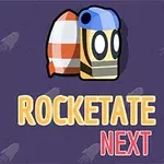 Na fioletowym tle znajduje się rysunkowa postać z rakietą na plecach oraz napisy Rocketate Next