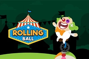 Klaun z zielonymi włosami jadący na monocyklu przed kolorowym namiotem cyrkowym z napisem Rolling Ball