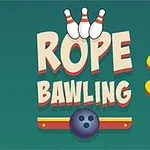 Napis ROPE BAWLING 3 z trzema kręglami nad literami i kulą do kręgli na zielonym tle