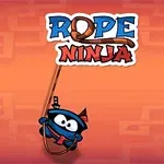 Stylizowana grafika prezentująca postać ninja z liną na tle w odcieniach pomarańczu
