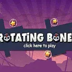 Napis „ROTATING BONES” z ikonami czaszek i gwiazdek na tle fioletowego krajobrazu z promieniami świetlnymi