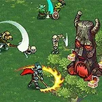 Postacie fantasy walczące na zielonym polu przed zamkiem i tajemniczym posągiem z rogami