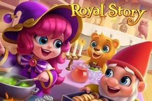 Royal Story Czarodziejka i krasnoludek gotują wesoło w kuchni z pluszowym misiem w tle, z napisem Royal Story u góry