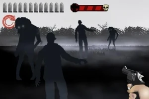 Ciemne sylwetki zombie w mglistym otoczeniu, z ręką trzymającą pistolet na pierwszym planie