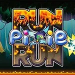 Kolorowa postać z wróżką na tle lasu i dużym napisem Run Pixie Run ozdobionym płomieniami