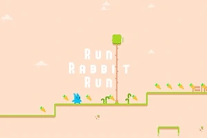 Niebieski królik biegnie po zielonej platformie z napisem Run Rabbit Run w tle, otoczony marchewkami