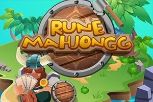 Napis Rune Mahjongg na tle tropikalnej wyspy z palmami i kolorowymi grafikami