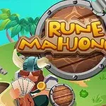 Napis Rune Mahjongg na tle tropikalnej wyspy z palmami i kolorowymi grafikami