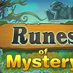 Drewniana tablica z napisem Runes of Mystery na tle tajemniczego, mrocznego lasu i kamiennego posągu