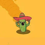Kaktus w sombrero z otwartymi ustami stojący na pomarańczowym tle, z kłębem kurzu i śladem niebieskiej kulki w rogu