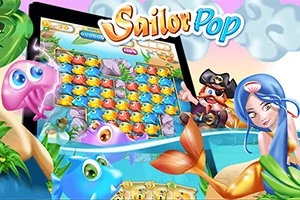 Kolorowa grafika z syreną, piratem i morskimi stworzeniami obok tabletu z grą logiczną