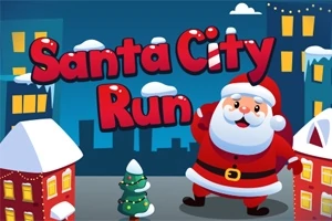 Święty Mikołaj w czerwonym stroju stoi na tle zimowego miasta z napisem Santa City Run i ośnieżonymi budynkami oraz choinką