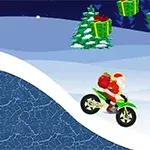 Święty Mikołaj jedzie na zielonym motocyklu przez zimowy krajobraz z choinkami i unoszącymi się nad nim prezentami