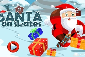 Święty Mikołaj na łyżwach z workiem prezentów w zimowym krajobrazie, z napisem Santa on skates i kolorowymi paczkami na śniegu