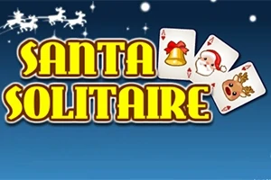 Napis Santa Solitaire w żółtych literach na tle trzech kart z symbolami świątecznymi i sylwetką Świętego Mikołaja z reniferami na górze