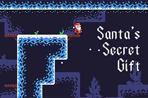 Mikołaj stojący na ośnieżonej platformie w pikselowym stylu z napisem Santas Secret Gift po prawej stronie