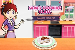 Kreskówkowa postać kobieca w kuchni, obok napisu Saras Cooking Class oraz talerz z plackiem na blacie