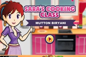 Postać rysunkowa z rudymi włosami w kuchni, obok której widnieje napis „Saras Cooking Class: Mutton Biryani” oraz przycisk odtwarzania