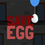 Postać z kreskówki w czerwonym ubraniu obok napisu SAVE EGG z jajkiem przyczepionym do niebieskiego balona na ciemnym tle budynku