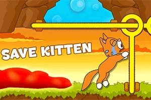 Rysunkowy kotek w hełmie ciągnący za dźwignię w jaskini z tłem zachodu słońca i napisem SAVE KITTEN