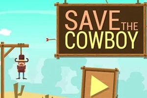 Kreskówkowy kowboj zawieszony na linie z napisem SAVE THE COWBOY obok dużego przycisku odtwarzania