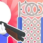 Postać z białą głową w niebieskiej koszuli trzyma dwulufową strzelbę na tle ozdobnej bramy z czerwonym promieniującym tłem