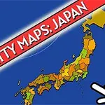 Mapa Japonii na niebieskim tle z tekstem Scatty Maps: Japan i ikoną wskazującej ręki