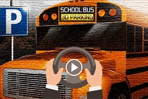 Żółty autobus szkolny z tablicą 3D Parking i znakiem parkingu obok, na tle znajduje się kierownica z rękami