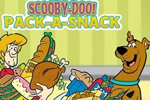 Scooby-Doo! Pack-a-Snack Postacie animowane, z jednej strony brązowy pies w obroży, a z drugiej uśmiechnięty młody mężczyzna z blond włosami, trzymają w rękach różne przekąski