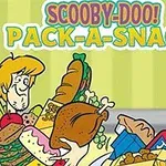 Scooby-Doo! Pack-a-Snack Postacie animowane, z jednej strony brązowy pies w obroży, a z drugiej uśmiechnięty młody mężczyzna z blond włosami, trzymają w rękach różne przekąski
