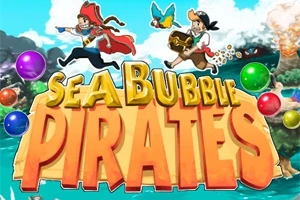 Piraci biegnący ze skarbem i pistoletem w otoczeniu kolorowych baniek oraz duży napis Sea Bubble Pirates