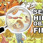 Mężczyzna oglądający przez lupę ukryte przedmioty w lesie, otoczony przez zwierzęta i tekst SEARCH HIDDEN OBJECTS: FIND IT