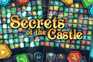 Kolorowa plansza z klejnotami i tytułem „Secrets of the Castle na tle zamkowych elementów