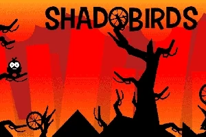 Czarne drzewa o ostrych gałęziach na tle czerwono-pomarańczowego nieba z czarnym napisem SHADOBIRDS i okrągłymi elementami