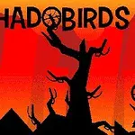 Czarne drzewa o ostrych gałęziach na tle czerwono-pomarańczowego nieba z czarnym napisem SHADOBIRDS i okrągłymi elementami