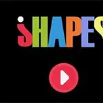 Kolorowy napis SHAPES na czarnym tle z czerwonym przyciskiem play poniżej