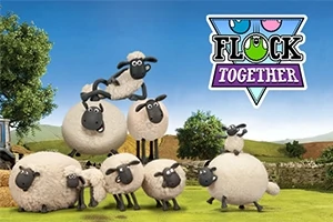 Stado owiec na zielonej łące z logo Flock Together na tle błękitnego nieba