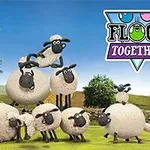 Stado owiec na zielonej łące z logo Flock Together na tle błękitnego nieba