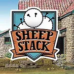 Stado owiec ustawionych jedna na drugiej na tle kamiennego domu z charakterystycznym czerwonym dachem i niebieskim niebem, z logo z owcą i napisem Sheep Stack