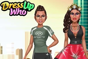 Dwie postacie w strojach sportowych i eleganckich na tle miasta z logo Dress Up Who