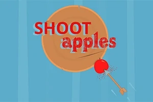 Czerwona strzała przebijająca jabłko na tle tarczy z napisem SHOOT apples