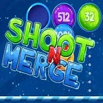 Kolorowe kule z liczbami otaczające napis „Shoot N Merge” na niebieskim tle
