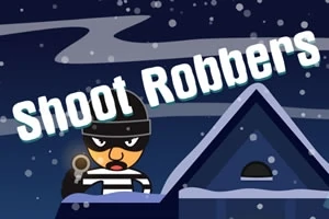 Kreskówkowa postać złodzieja w czarno-białym stroju na tle ciemnego nieba z napisem Shoot Robbers