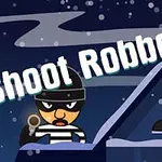 Kreskówkowa postać złodzieja w czarno-białym stroju na tle ciemnego nieba z napisem Shoot Robbers