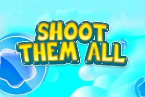 Napis Shoot Them All na jasnym, niebieskim tle z chmurkami i ikonami