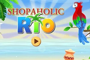 Kolorowy napis z tropikalnym motywem, przedstawiający słowa Shopaholic Rio z palmą, papugą i plażowym tłem