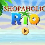 Kolorowy napis z tropikalnym motywem, przedstawiający słowa Shopaholic Rio z palmą, papugą i plażowym tłem