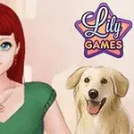Kobieta o długich czerwonych włosach w zielonej bluzce stoi obok uśmiechniętego psa, obok logo Lily Games