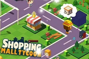 Kolorowa, izometryczna grafika przedstawiająca postacie i budynki na mapie z napisem Shopping Mall Tycoon
