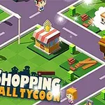 Kolorowa, izometryczna grafika przedstawiająca postacie i budynki na mapie z napisem Shopping Mall Tycoon
